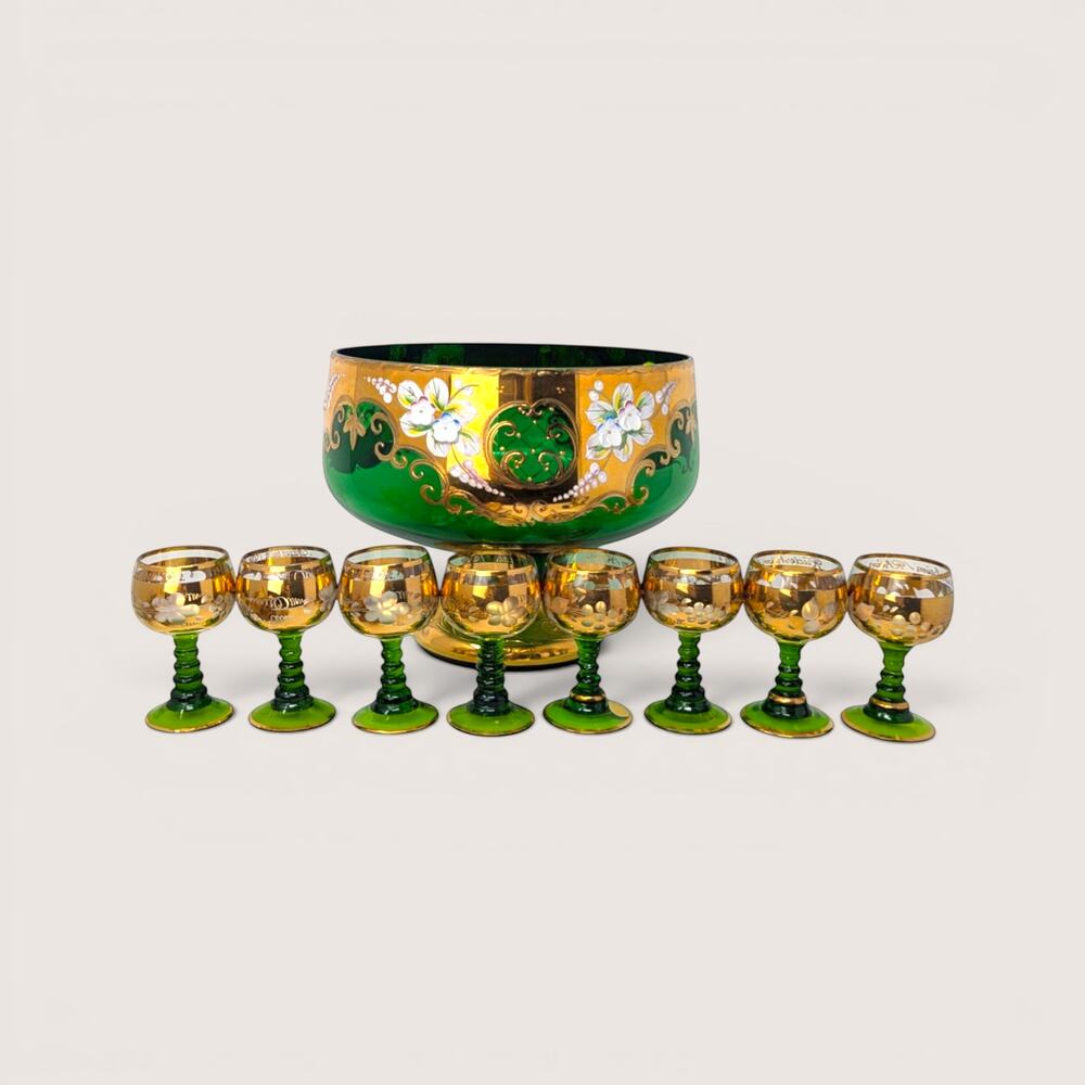 1960s Bohemian Green Glass High Enamel Gold Trim Bowl Cordial Set